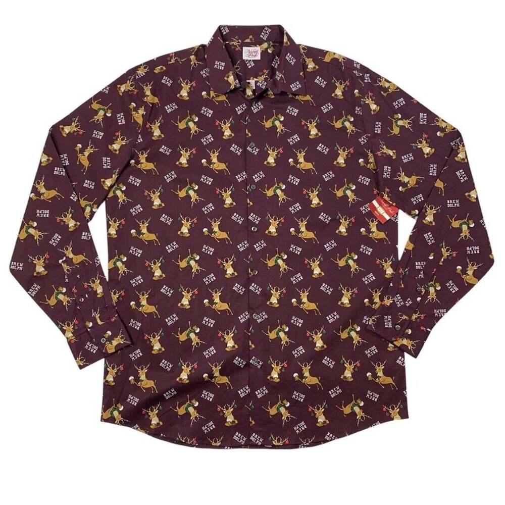 North Pole Shirt Mens XLT Tall Burgundy Brew Dolph Rudolph the Reindeer Holiday